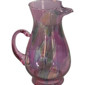 Reuven Art Glass Translucent Iridescent Drip Pitcher Hand painted Blown Glass